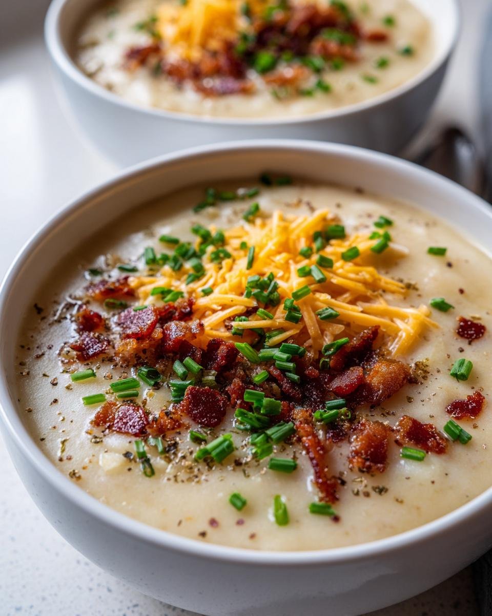 Two bowls of creamy Baked Potato Soup topped with cheddar cheese, bacon, and chives.
