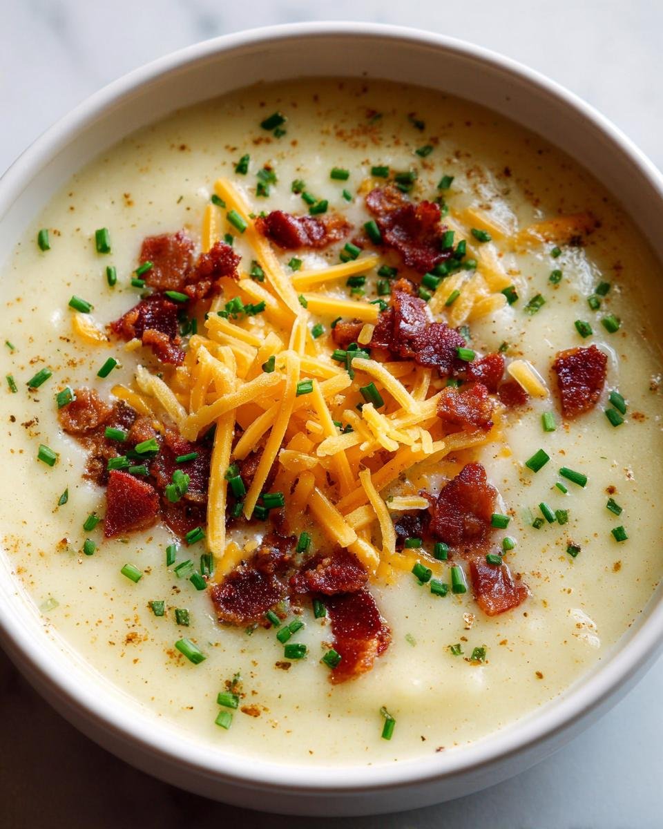 A bowl of creamy Baked Potato Soup topped with cheddar cheese, bacon bits, and chives.