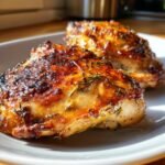 Two pieces of golden brown Balsamic Baked Chicken Breast on a white plate, garnished with herbs.