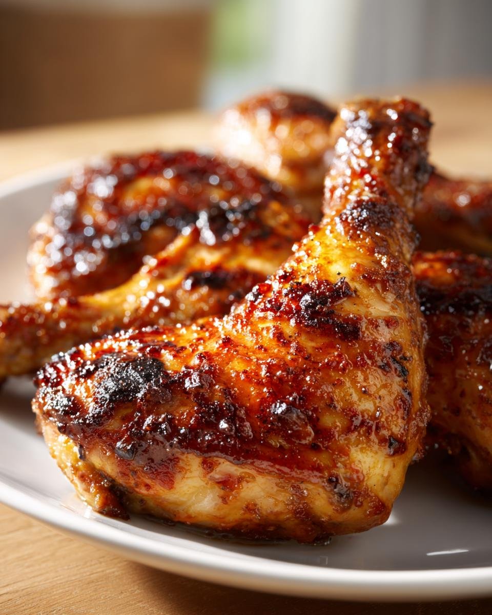 Close-up of Balsamic Baked Chicken Breast on a white plate, showing the glazed and slightly charred skin.