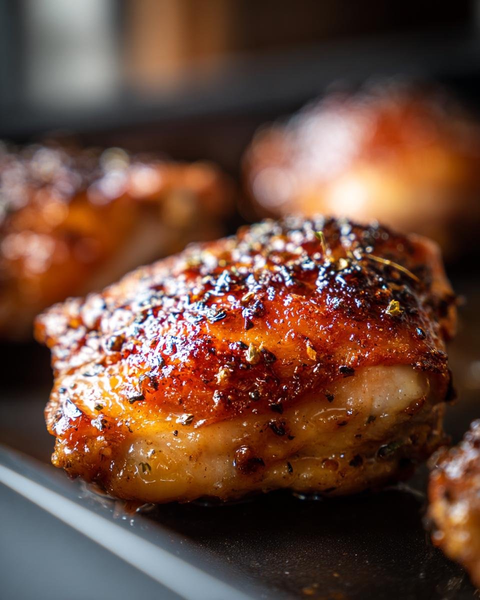 A close-up of a glistening Balsamic Baked Chicken Breast with herbs and spices on a baking sheet.