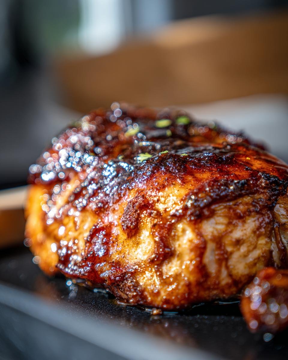 Close-up of a glistening Balsamic Baked Chicken Breast with a rich, dark glaze.