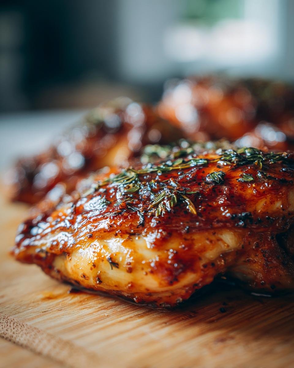 A close-up of juicy Balsamic Baked Chicken Breast, glazed and garnished with fresh herbs on a wooden board.