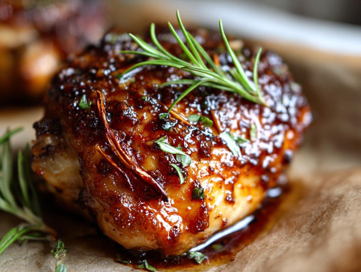 Close-up of a glazed Balsamic Baked Chicken Breast garnished with fresh rosemary.