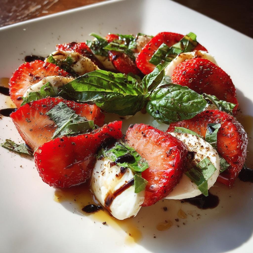 A vibrant Balsamic Strawberry Caprese salad with fresh strawberries, mozzarella, basil, and balsamic glaze.