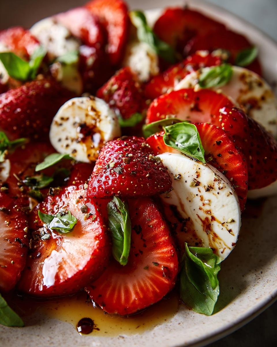 Close-up of Balsamic Strawberry Caprese salad with fresh strawberries, mozzarella, basil, and balsamic glaze.
