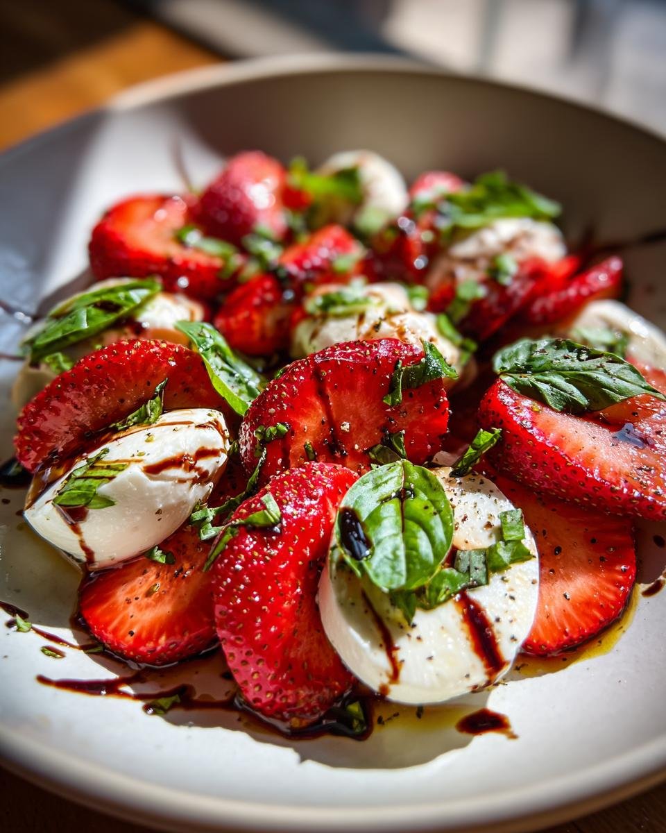 Close-up of a Balsamic Strawberry Caprese salad with fresh strawberries, mozzarella, basil, and balsamic glaze.