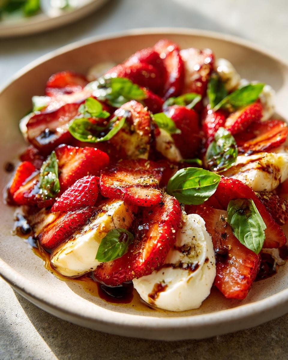 Close-up of Balsamic Strawberry Caprese salad with fresh strawberries, mozzarella, basil, and balsamic glaze.
