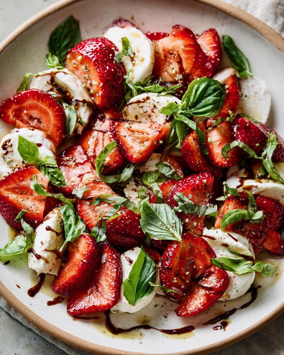 Overhead view of a Balsamic Strawberry Caprese salad with fresh strawberries, mozzarella, basil, and balsamic glaze.