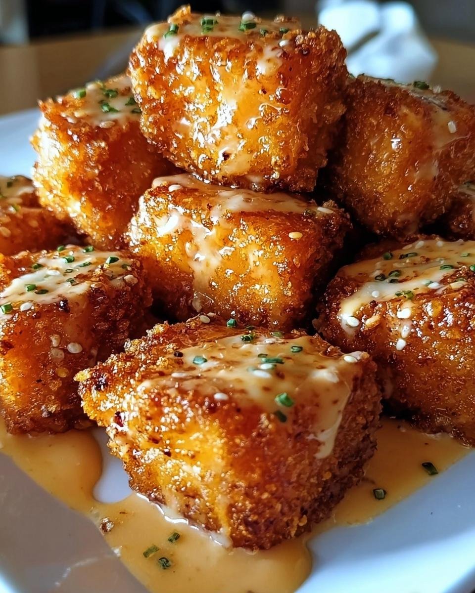 A stack of crispy Bang Bang Salmon Bites drizzled with sauce and garnished with sesame seeds and chives.