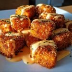 A close-up of crispy Bang Bang Salmon Bites drizzled with creamy sauce and garnished with herbs.