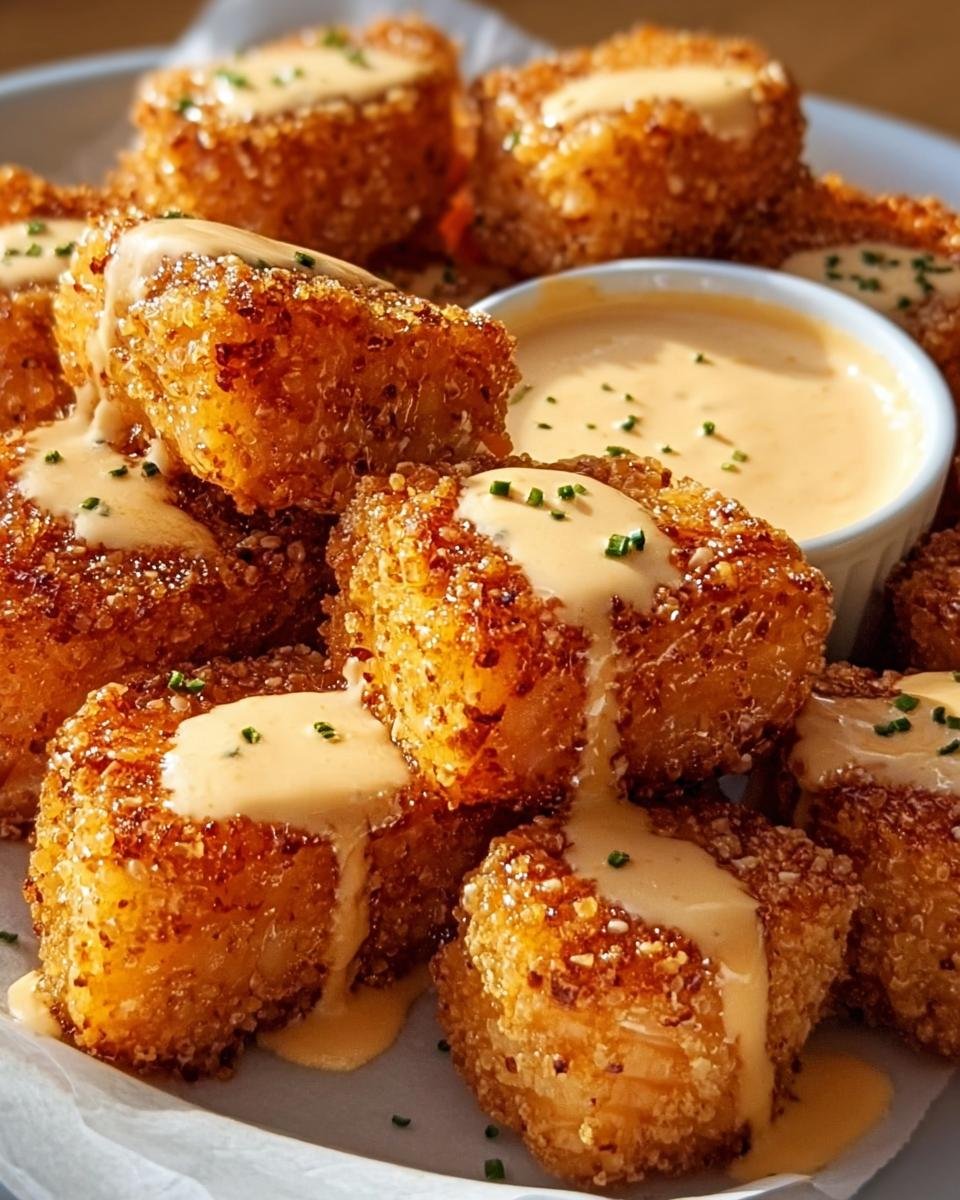 A plate of crispy Bang Bang Salmon Bites drizzled with creamy sauce and garnished with chives.
