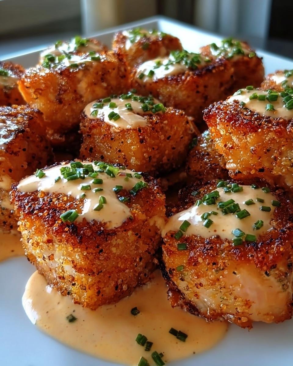 A platter of crispy Bang Bang Salmon Bites drizzled with sauce and garnished with chives.