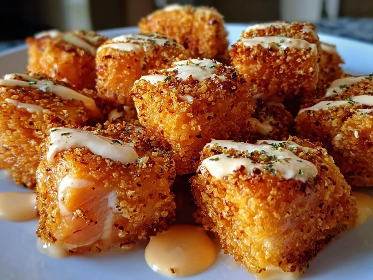 A platter of crispy Bang Bang Salmon Bites drizzled with creamy sauce and sprinkled with herbs.
