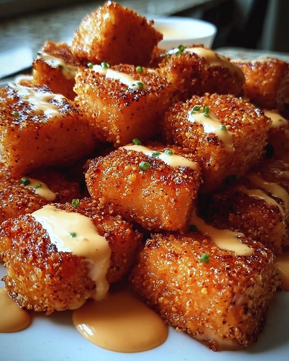 A stack of crispy Bang Bang Salmon Bites drizzled with creamy sauce and garnished with chives.