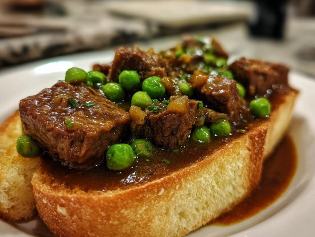Close-up of Beef Manhattan featuring tender beef cubes, gravy, and peas served on toasted bread.