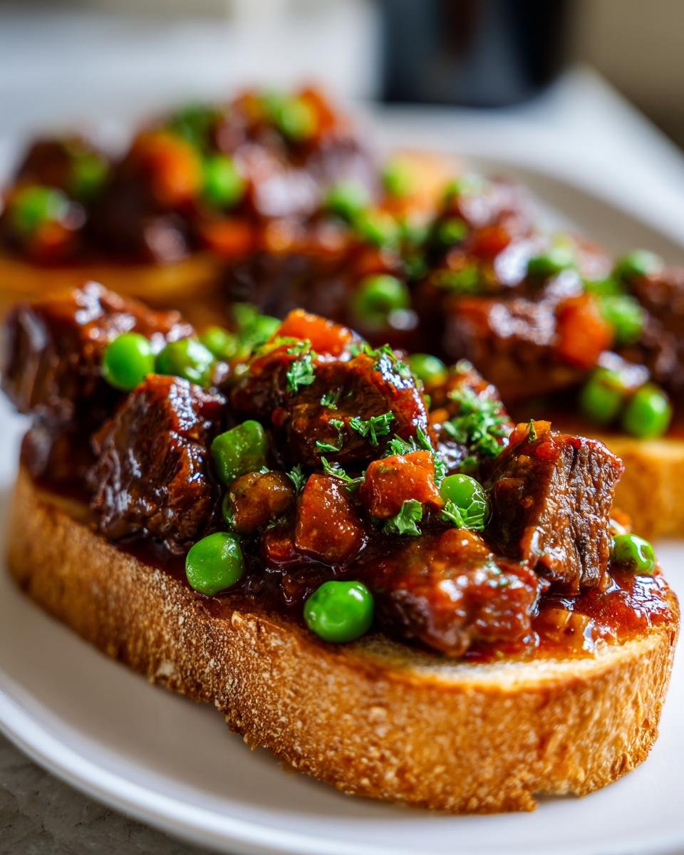 Close-up of Best Beef Manhattan served on toasted bread, garnished with peas and herbs.