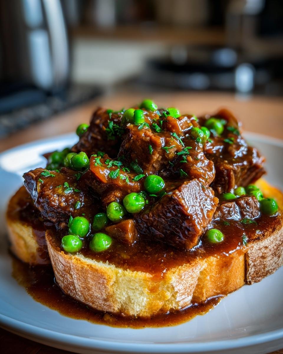 Close-up of Best Beef Manhattan featuring tender beef, gravy, and peas on a slice of toasted bread.