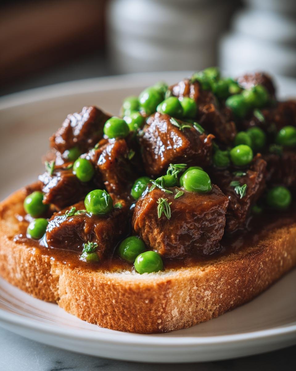Close-up of Best Beef Manhattan: tender beef in gravy served over toast and topped with green peas.