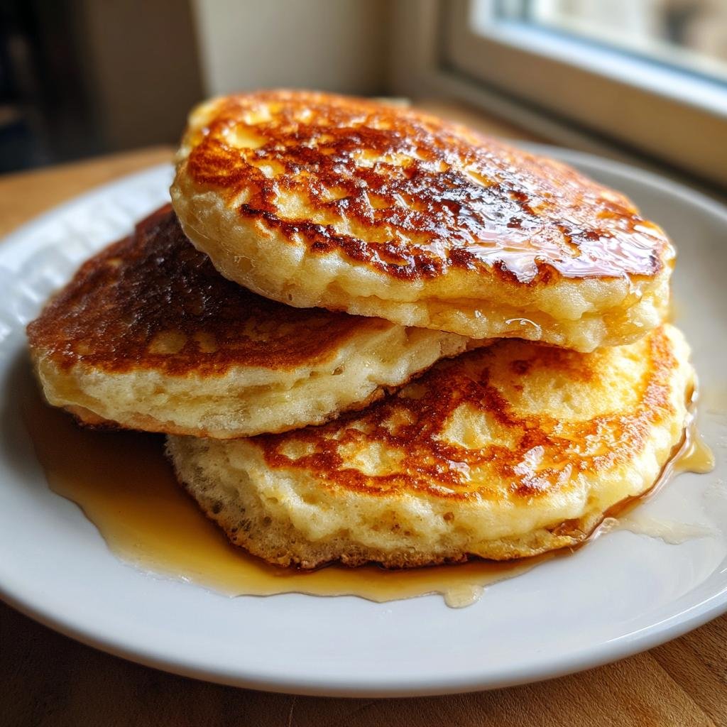 A stack of three best fluffy pancake, drizzled with syrup, on a white plate, next to a window.
