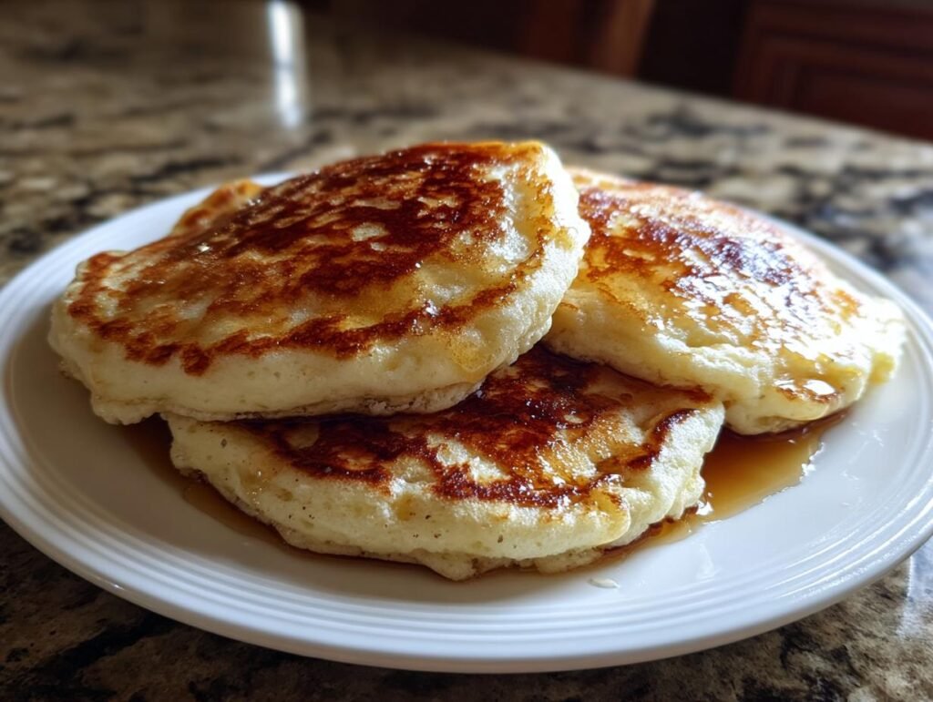 A stack of three best fluffy pancake on a white plate, drizzled with syrup.