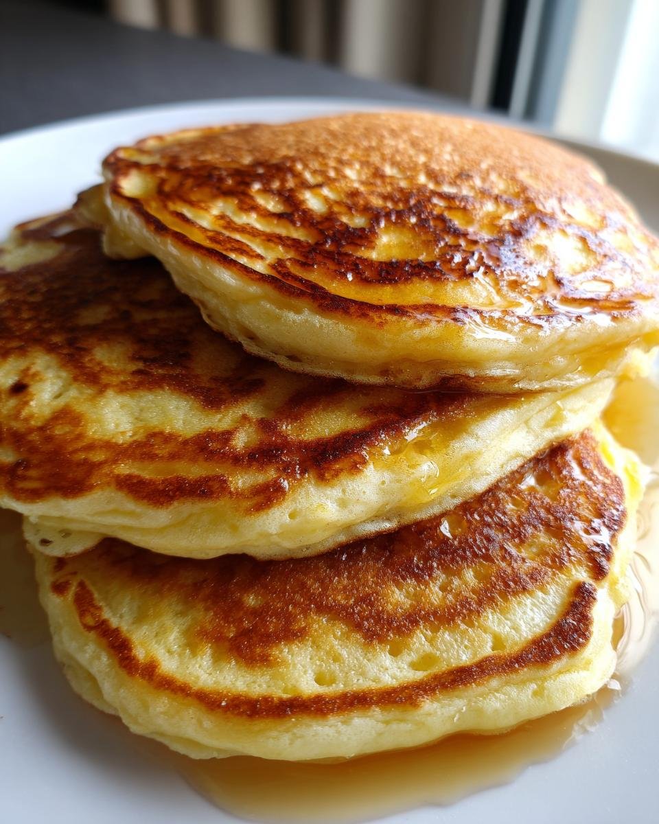 A stack of three best fluffy pancake on a white plate, drizzled with golden syrup.