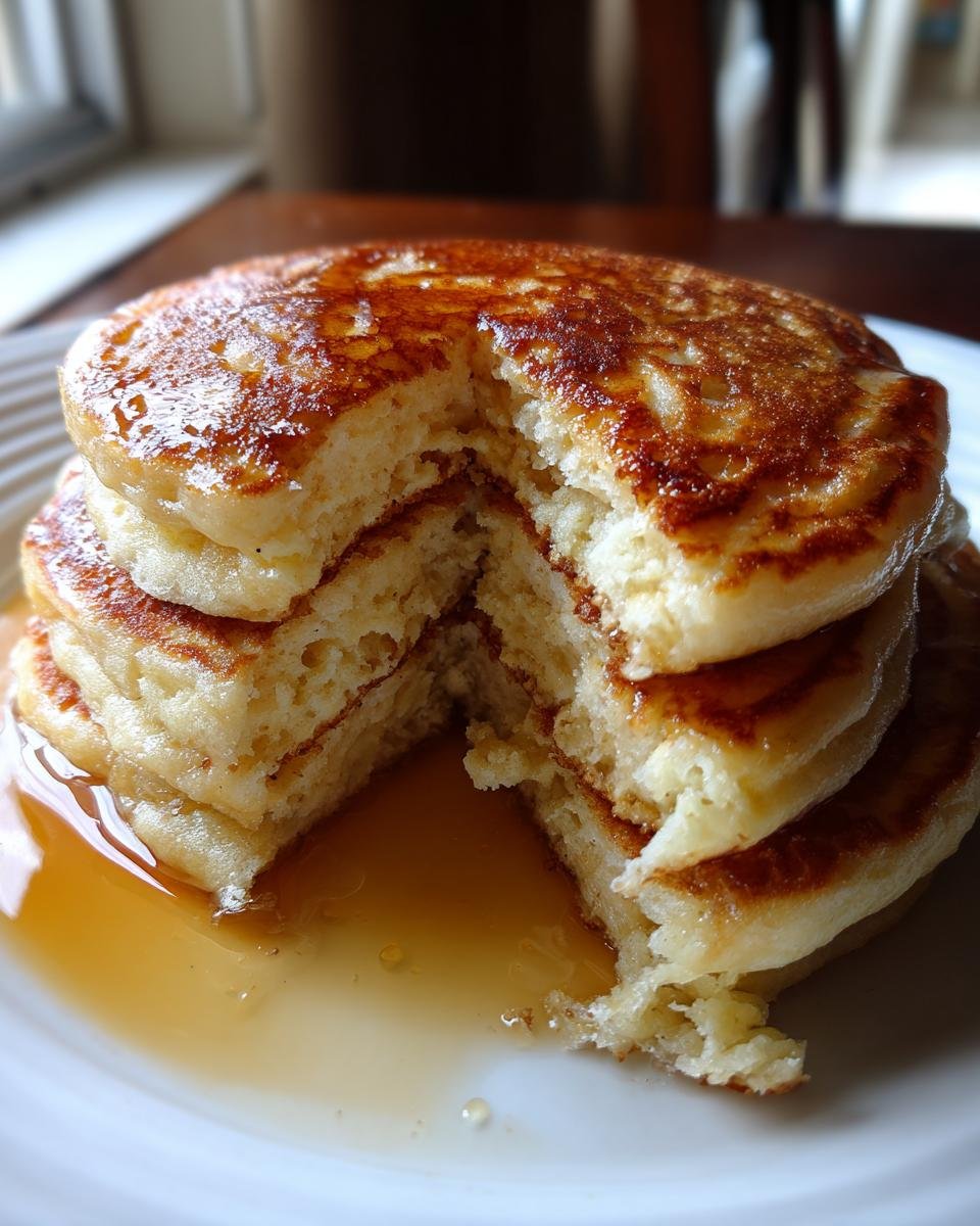 A stack of best fluffy pancake drizzled with syrup, with a piece cut out to show the texture.