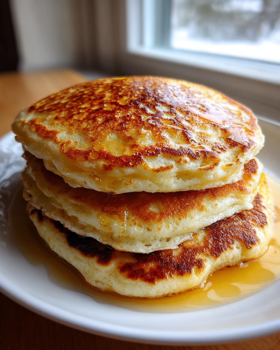 A stack of three best fluffy pancake on a white plate, drizzled with syrup, next to a window.