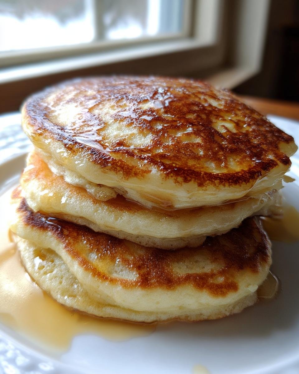 A stack of three best fluffy pancakes, drizzled with syrup, sits on a white plate, ready to eat.