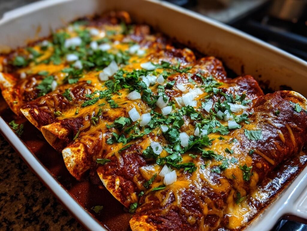Close-up of baked Birria Enchiladas topped with cheese, cilantro, and onions in a baking dish.