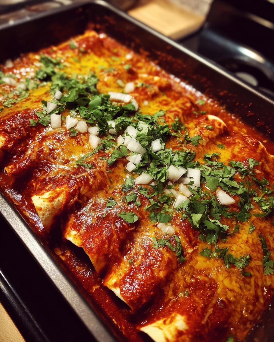 A pan of freshly baked Birria Enchiladas, topped with melted cheese, cilantro, and diced onions.
