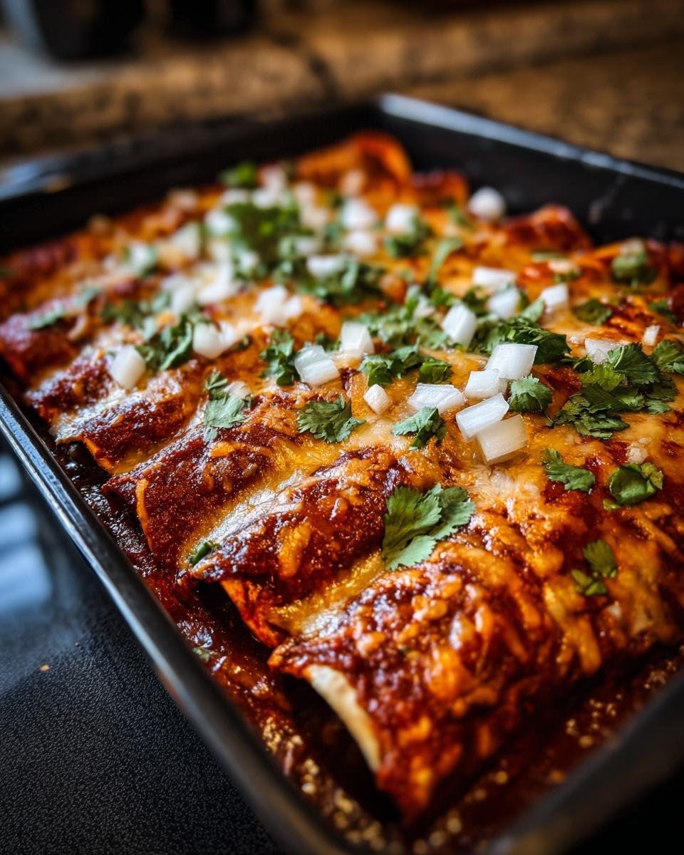 Close-up of a baking pan filled with Birria Enchiladas, topped with cheese, cilantro, and diced onions.