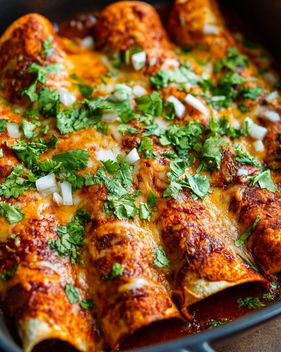 Close-up of Birria Enchiladas topped with melted cheese, cilantro, and diced onion in a baking dish.