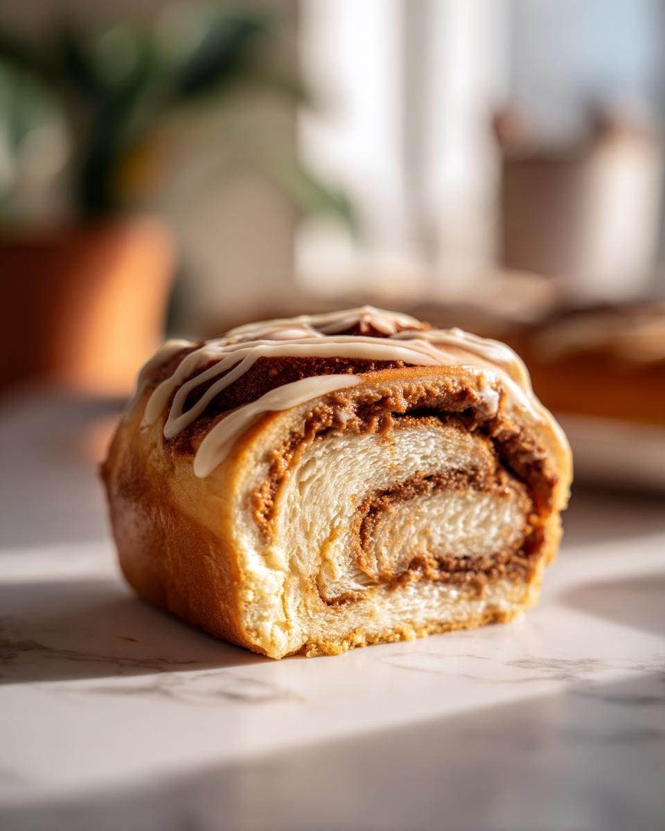 Close-up of a Biscoff Cookie Butter Cinnamon roll with icing on a marble surface.