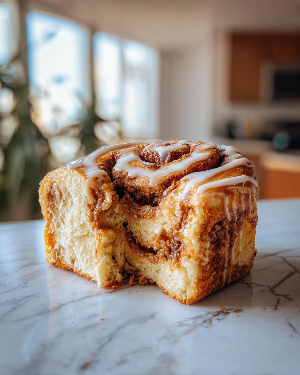 Close-up of a Biscoff Cookie Butter Cinnamon Roll with icing on a marble surface, a piece broken off.