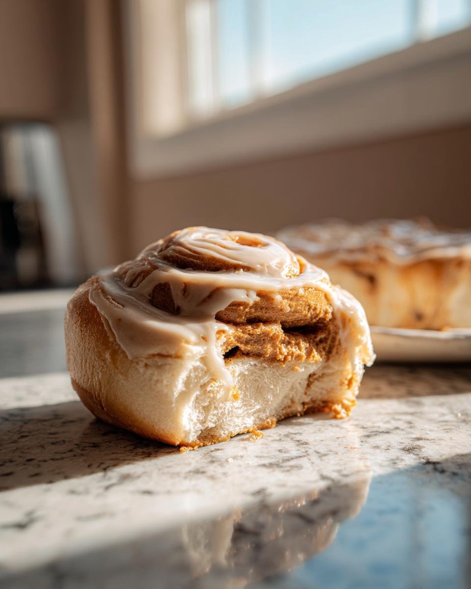 Close-up of a Biscoff Cookie Butter Cinnamon Roll with a bite taken out, showing the filling and icing.