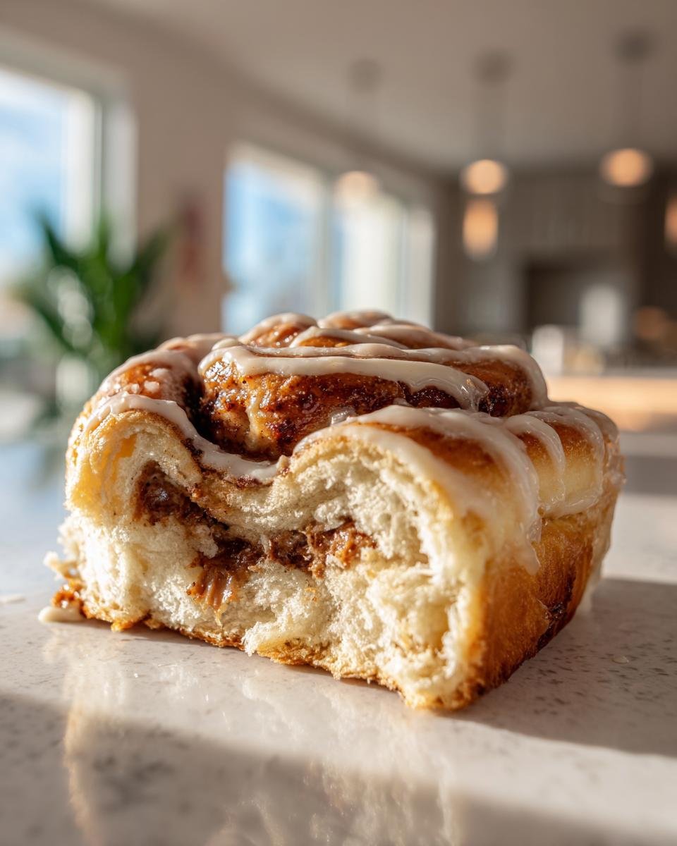 Close-up of a Biscoff Cookie Butter Cinnamon Roll with a bite taken out, showing the filling and glaze.