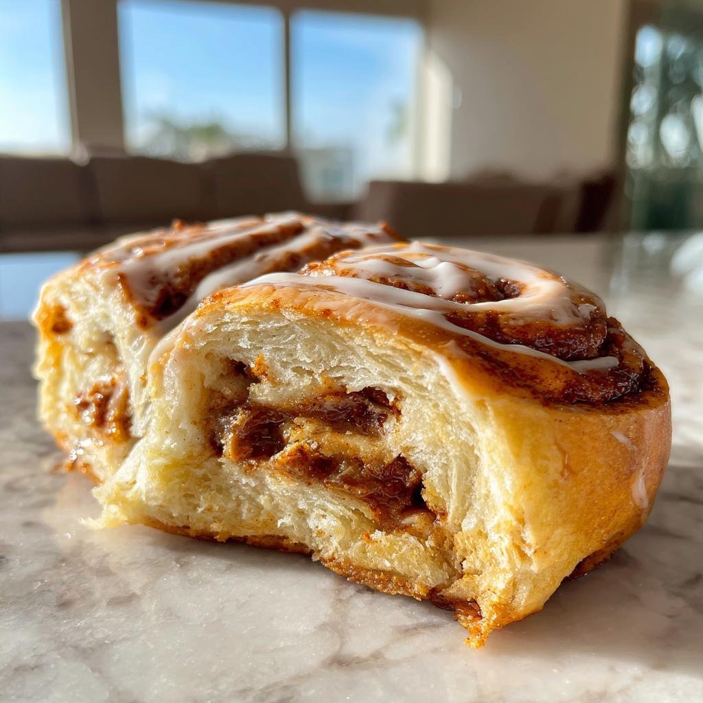 Close-up of a Biscoff Cookie Butter Cinnamon Roll with icing, showing the layers and filling.