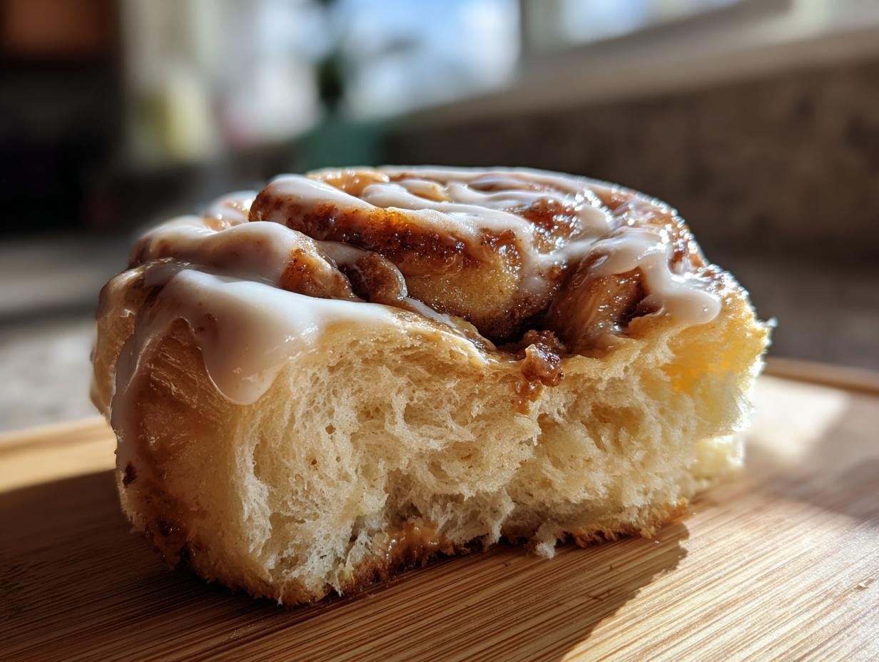 Close-up of a Biscoff Cookie Butter Cinnamon Roll with icing on a wooden board.