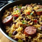 A flavorful dish of Black Beans and Rice Sausage with peppers and herbs, served in a pan.