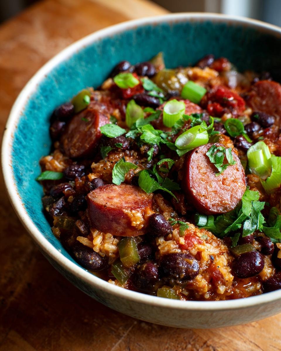 A colorful bowl of Black Beans and Rice Sausage, garnished with herbs and green onions.
