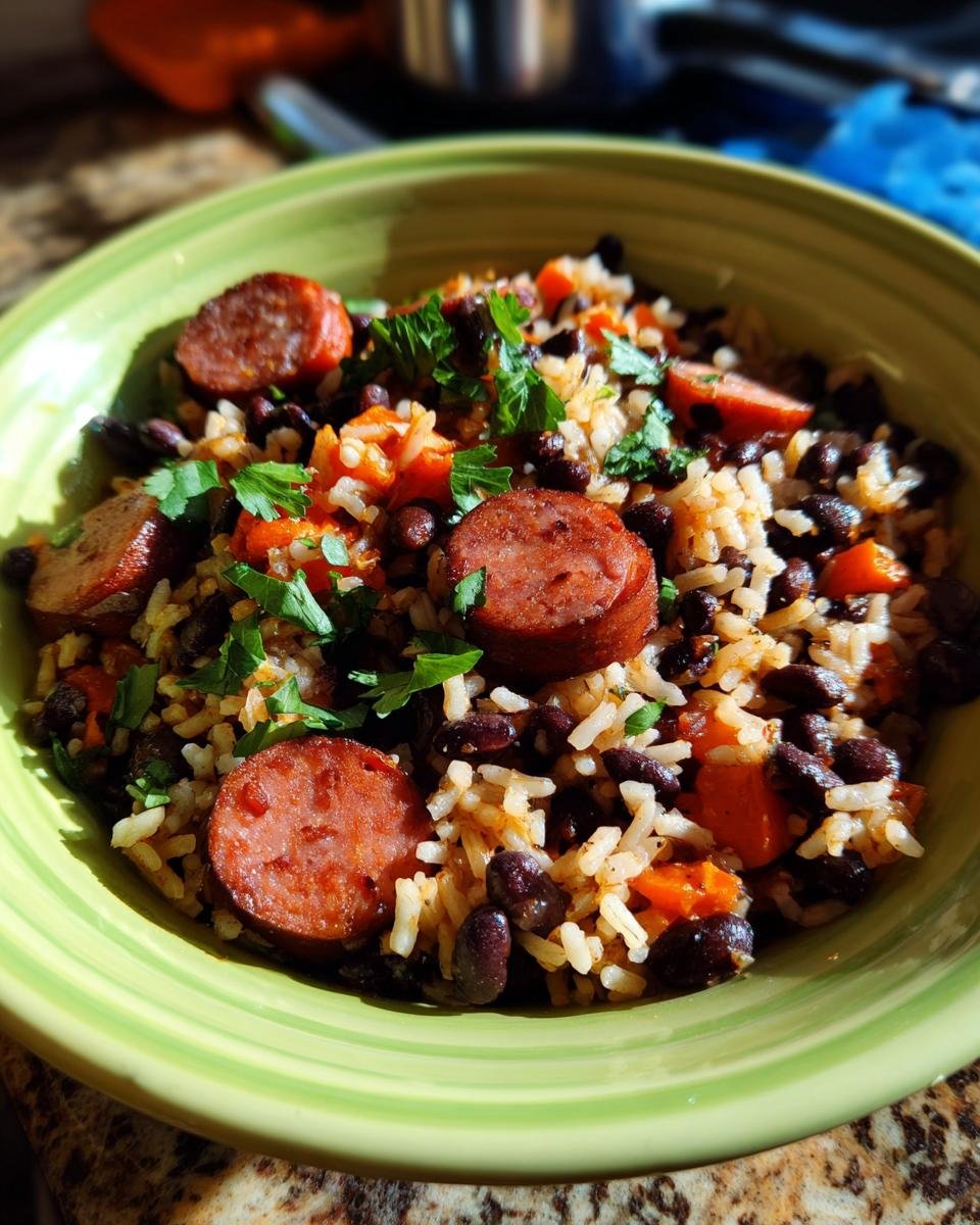 A vibrant bowl of Black Beans and Rice Sausage, garnished with fresh parsley.