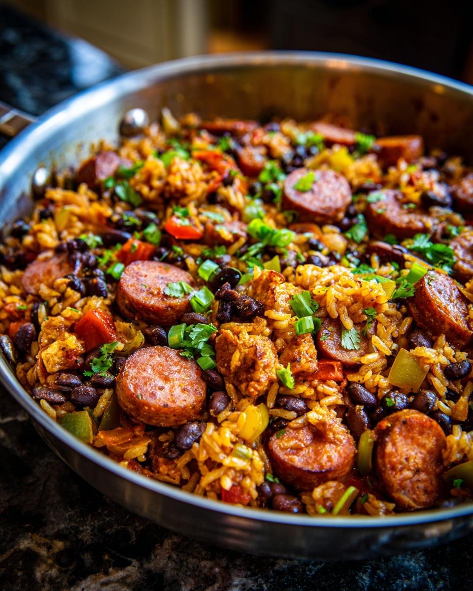 Close-up of Black Beans and Rice Sausage dish in a skillet, garnished with herbs.