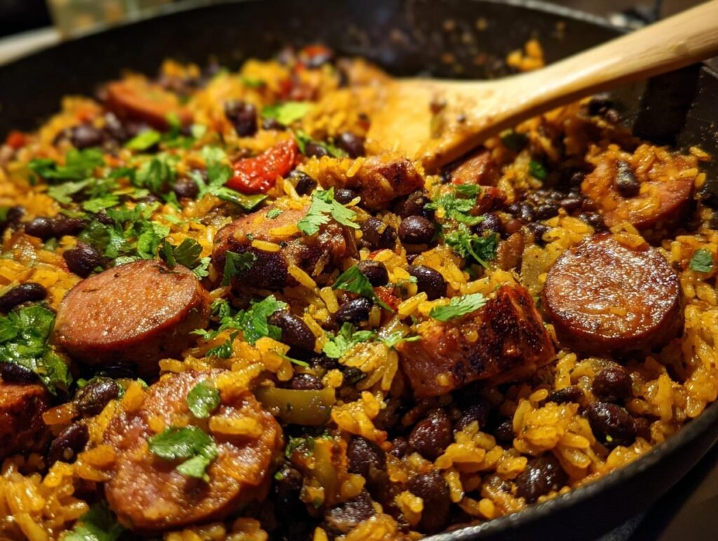 A skillet filled with Black Beans and Rice Sausage, garnished with fresh parsley. Ready to serve.