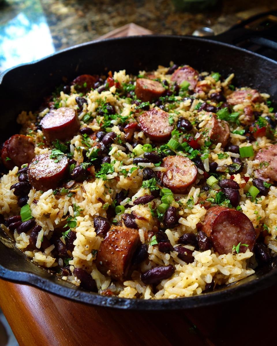 A skillet of Black Beans and Rice Sausage, garnished with fresh herbs and sliced sausage.