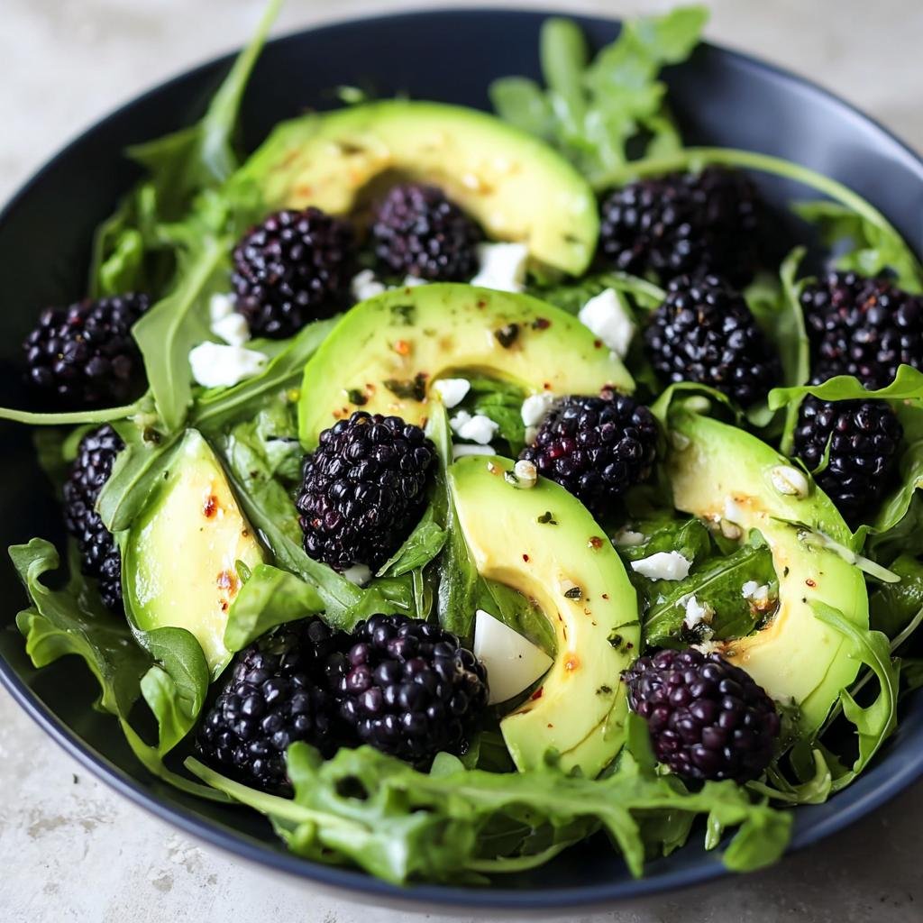 A vibrant Blackberry, Avocado & Arugula Salad in a dark blue bowl, featuring fresh ingredients.