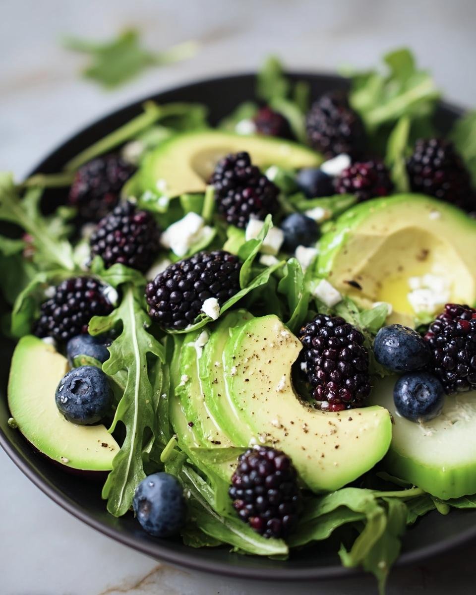 A vibrant Blackberry, Avocado & Arugula Salad with blueberries and feta cheese, plated in a dark bowl.