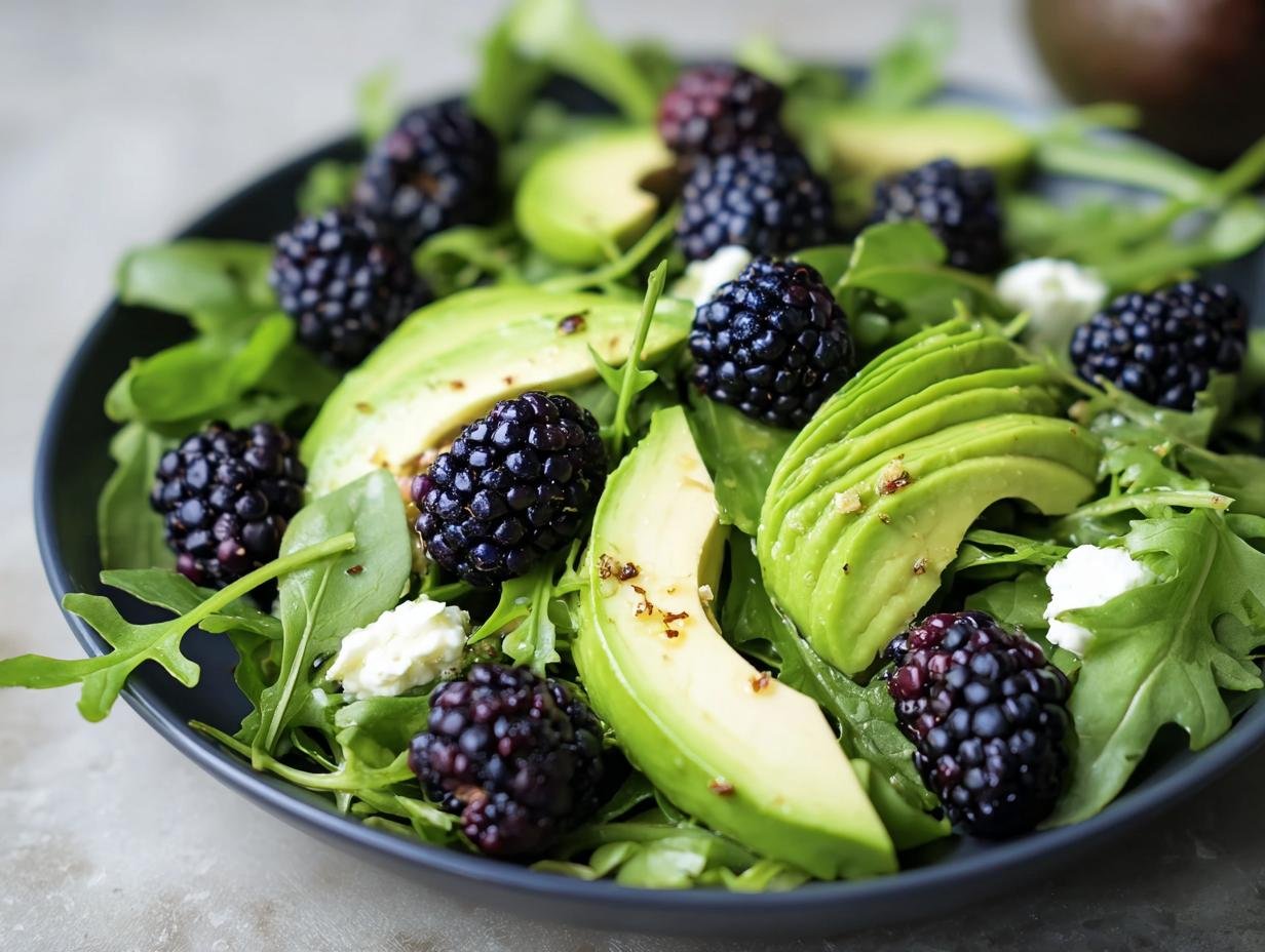 Close-up of Blackberry, Avocado & Arugula Salad with feta cheese on a dark plate.