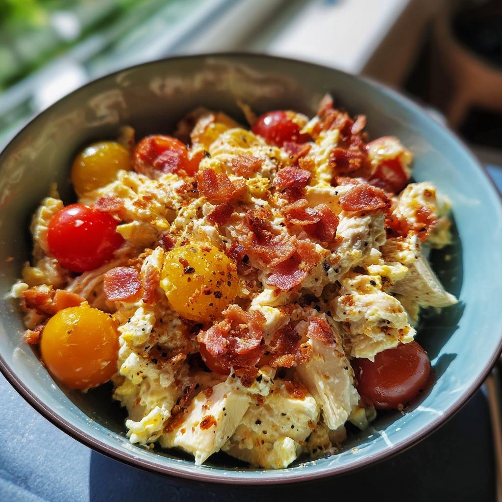 A bowl of BLT Chicken Salad featuring chicken, bacon, lettuce, tomato, and a creamy dressing.