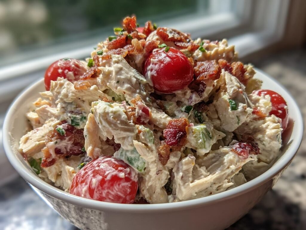 A bowl of creamy BLT Chicken Salad with chicken, bacon, lettuce, tomato, and mayonnaise.